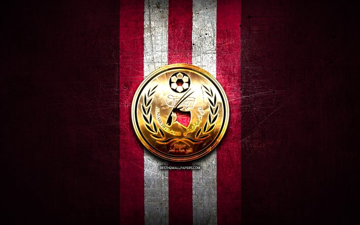 Al-Markhiya FC, logo dorato, QSL, viola, metallo, sfondo, calcio, Al Markhiya, squadra di calcio del qatari, Al-Markhiya SC logo, Al-Markhiya SC