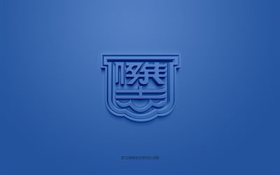 Kitchee SC, creative 3D logo, blue background, Hong Kong Premier League, 3d emblem, Hong Kong Football Club, Hong Kong, 3d art, football, Kitchee SC 3d logo