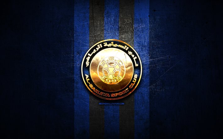 Al-Sailiya FC, golden logo, QSL, blue metal background, football, qatari football club, Al-Sailiya SC logo, soccer, Al-Sailiya SC