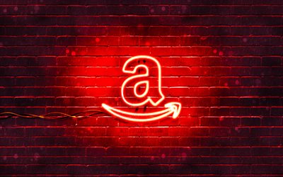 Amazon red logo, 4k, red neon lights, creative, red abstract background, Amazon logo, brands, Amazon