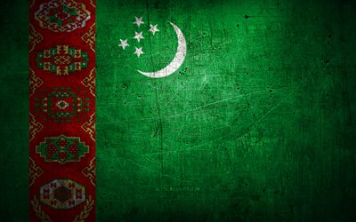 Turkmenistiska metallflagga, grungekonst, asiatiska l&#228;nder, Turkmenistans dag, nationella symboler, Turkmenistans flagga, metallflaggor, Asien, Turkmenistan