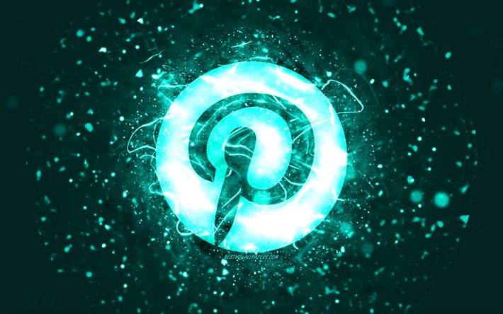 Logotipo turquesa do Pinterest, 4k, luzes de n&#233;on turquesa, criativo, fundo abstrato turquesa, logotipo do Pinterest, rede social, Pinterest