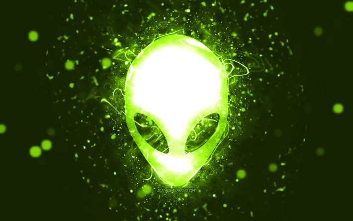 Alienware lime logo, 4k, lime neon lights, creative, lime abstract background, Alienware logo, brands, Alienware