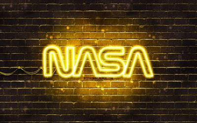 NASA yellow logo, 4k, yellow brickwall, NASA logo, fashion brands, NASA neon logo, NASA