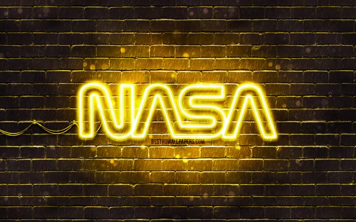 Logo jaune de la NASA, 4k, mur de briques jaune, logo de la NASA, marques de mode, logo n&#233;on de la NASA, NASA
