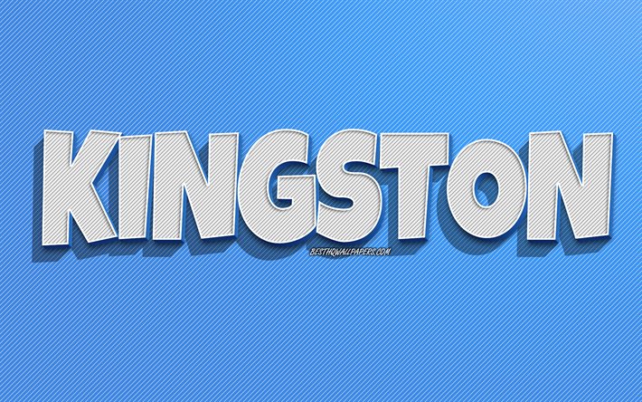Kingston, fond de lignes bleues, fonds d&#39;&#233;cran avec des noms, nom de Kingston, noms masculins, carte de voeux de Kingston, dessin au trait, photo avec le nom de Kingston