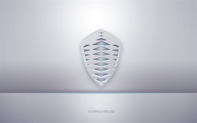 Koenigsegg شعار أبيض ثلاثي الأبعاد, خلفية رمادية, شعار Koenigsegg, الفن الإبداعي 3D, كوينيجسيج, 3d شعار