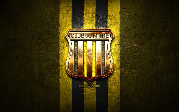 Mitre FC, altın logo, Primera Nacional, sarı metal arka plan, futbol, Arjantin Futbol Kul&#252;b&#252;, CA Mitre logo, Arjantin, CA Mitre