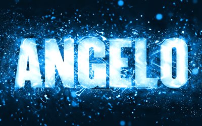 Happy Birthday Angelo, 4k, blue neon lights, Angelo name, creative, Angelo Happy Birthday, Angelo Birthday, popular american male names, picture with Angelo name, Angelo