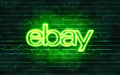 Logo vert Ebay, 4k, mur de briques vert, logo Ebay, marques, logo n&#233;on Ebay, Ebay