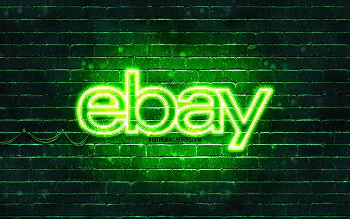 Logotipo verde do Ebay, 4k, parede de tijolos verde, logotipo do Ebay, marcas, logotipo de n&#233;on do Ebay, Ebay