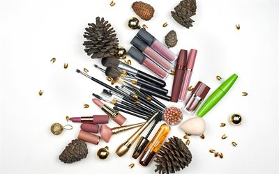 cosmetics, make-up concepts, cosmetics on white background, different cosmetics, make-up, mascara, lipstick, lip gloss