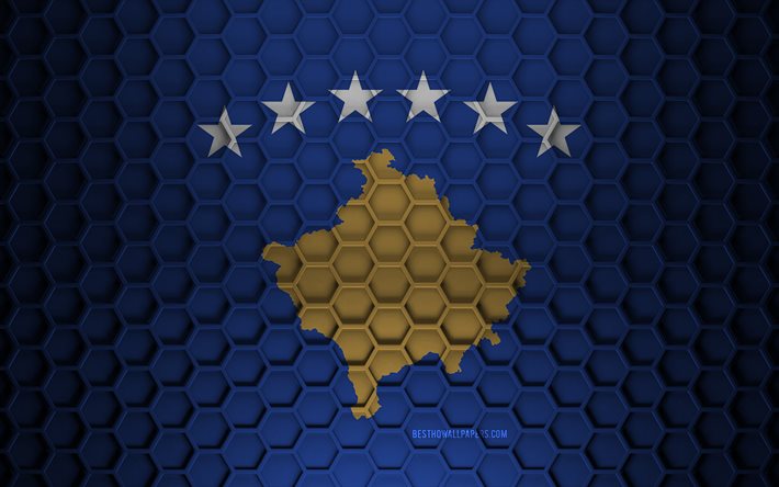 Kosovo flag, 3d hexagons texture, Kosovo, 3d texture, Kosovo 3d flag, metal texture, flag of Kosovo
