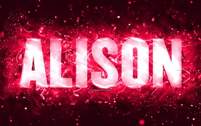 お誕生日おめでとうアリソン, 4k, ピンクのネオンライト, アリソン名, creative クリエイティブ, アリソンお誕生日おめでとう, アリソンの誕生日, 人気のアメリカ人女性の名前, アリソンの名前の写真, アリソン