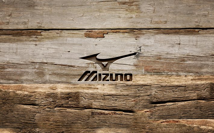 Logotipo em madeira Mizuno, 4K, fundos de madeira, marcas, logotipo Mizuno, criativo, escultura em madeira, Mizuno