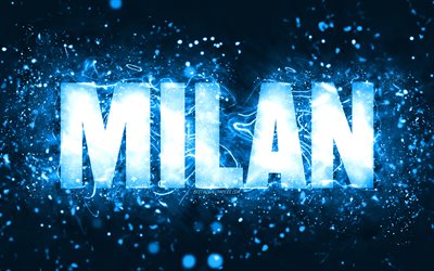 Feliz anivers&#225;rio Milan, 4k, luzes de n&#233;on azuis, nome Milan, criativo, Milan Happy Birthday, Milan Birthday, nomes masculinos americanos populares, foto com o nome Milan, Milan