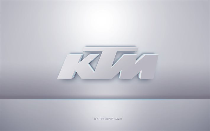 KTM 3D الشعار الأبيض, خلفية رمادية, شعار KTM, الفن الإبداعي 3D, كاتماندو, 3d شعار