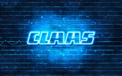 Claas blue logo, 4k, blue brickwall, Claas logo, brands, Claas neon logo, Claas