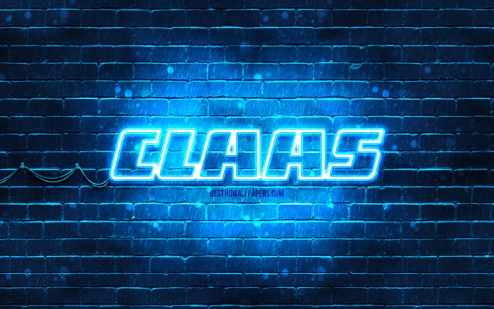 Claas blue logo, 4k, blue brickwall, Claas logo, brands, Claas neon logo, Claas
