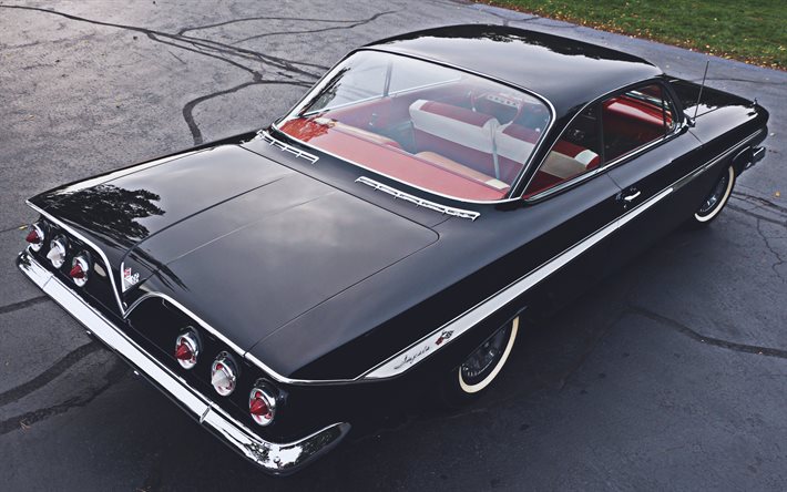 Chevrolet Impala, 4k, vista posteriore, 1961 auto, tuning, auto retr&#242;, impala nera, 1961 Chevrolet Impala, auto americane, Chevrolet