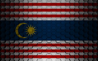 Kuala Lumpur flag, 3d hexagons texture, Kuala Lumpur, 3d texture, Kuala Lumpur 3d flag, metal texture, flag of Kuala Lumpur