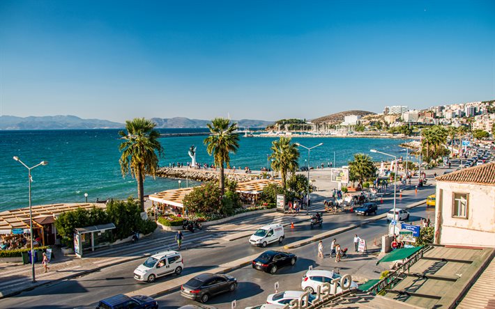 Kusadasi, resort, costa egea, paesaggio urbano di Kusadasi, paesaggio marino, Mar Egeo, Turchia