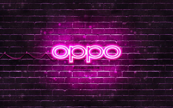 Oppo紫のロゴ, 4k, 紫のレンガの壁, Oppoのロゴ, お, Oppoネオンロゴ, Oppo