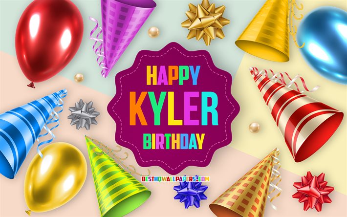 Happy Birthday Kyler, 4k, Birthday Balloon Background, Kyler, creative art, Happy Kyler birthday, silk bows, Kyler Birthday, Birthday Party Background
