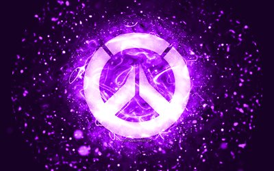 Overwatch violet logo, 4k, violet neon lights, creative, violet abstract background, Overwatch logo, online games, Overwatch