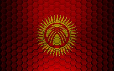 Kyrgyzstan flag, 3d hexagons texture, Kyrgyzstan, 3d texture, Kyrgyzstan 3d flag, metal texture, flag of Kyrgyzstan