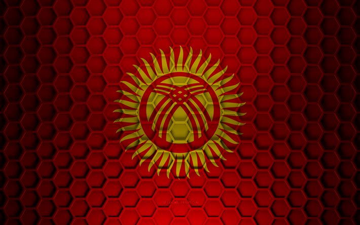 Kyrgyzstan flag, 3d hexagons texture, Kyrgyzstan, 3d texture, Kyrgyzstan 3d flag, metal texture, flag of Kyrgyzstan