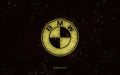 Logo BMW glitter, 4k, sfondo nero, logo BMW, arte glitter gialla, BMW, arte creativa, logo BMW giallo glitter