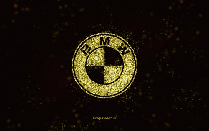 شعار BMW اللامع, 4 ك, خلفية سوداء 2x, شعار BMW, الفن بريق أصفر, بي إم دبليو, فني إبداعي, شعار BMW الأصفر اللامع