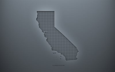 Mappa della California, sfondo grigio creativo, California, USA, texture di carta grigia, stati americani, sagoma della mappa della California, mappa della California, sfondo grigio, mappa della California 3d
