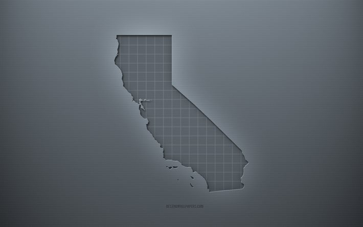 California map, gray creative background, California, USA, gray paper texture, American states, California map silhouette, map of California, gray background, California 3d map