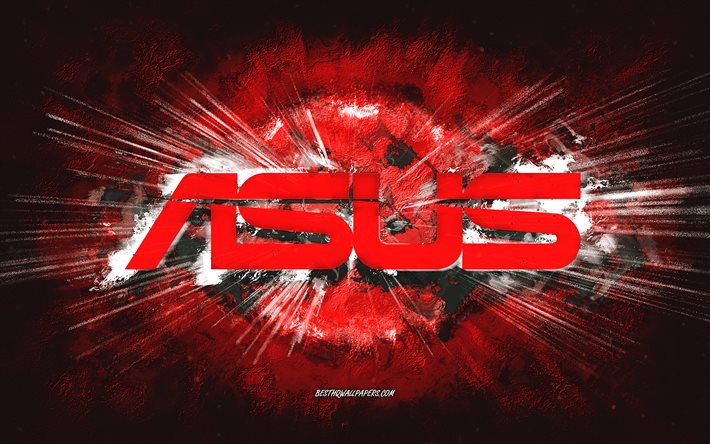 Logo Asus, art grunge, fond de pierre rouge, logo rouge Asus, Asus, art cr&#233;atif, logo grunge Asus