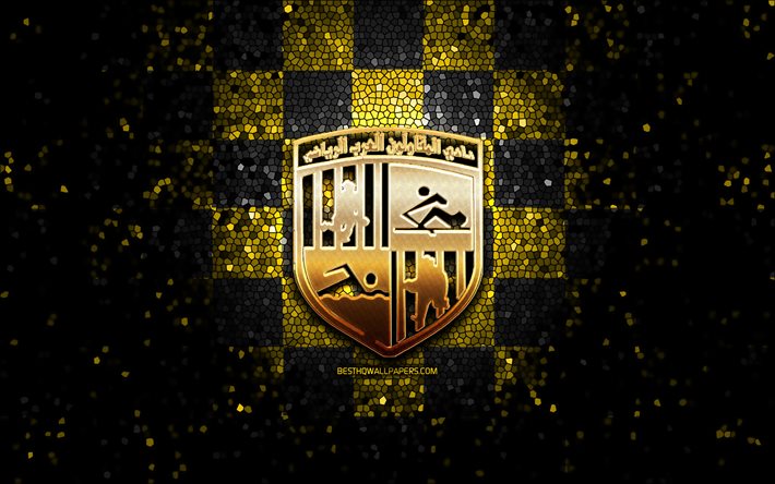 Arab Contractors FC, glitter logo, Egyptian Premier League, yellow black checkered background, EPL, soccer, egyptian football club, Arab Contractors logo, mosaic art, football, FC Arab Contractors