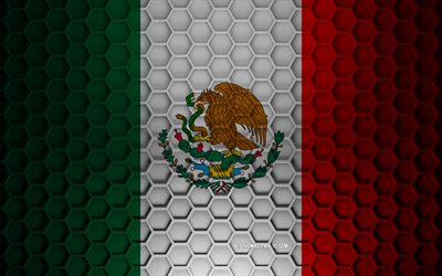 Mexico flag, 3d hexagons texture, Mexico, 3d texture, Mexico 3d flag, metal texture, flag of Mexico