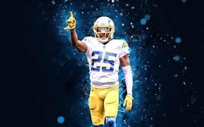 Chris Harris, 4k, NFL, demi de coin, Los Angeles Chargers, football am&#233;ricain, LA Chargers, n&#233;ons bleus, Chris Harris LA Chargers, Chris Harris 4K
