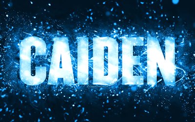 Buon Compleanno Caiden, 4k, luci al neon blu, Nome Caiden, creativo, Caiden Buon Compleanno, Compleanno Caiden, nomi maschili americani popolari, foto con nome Caiden, Caiden
