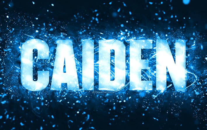 Joyeux anniversaire Caiden, 4k, n&#233;ons bleus, nom Caiden, cr&#233;atif, joyeux anniversaire Caiden, anniversaire Caiden, noms masculins am&#233;ricains populaires, photo avec nom Caiden, Caiden