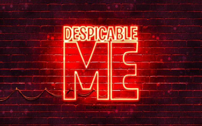 Despicable Me red logo, 4k, red brickwall, Despicable Me logo, minions, Despicable Me neon logo, Despicable Me