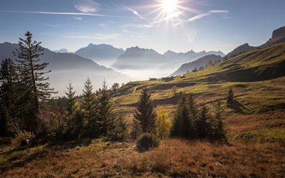 Saint Gallen, paisagem de montanha, manh&#227;, nascer do sol, colinas verdes, montanhas, Alpes, Su&#237;&#231;a