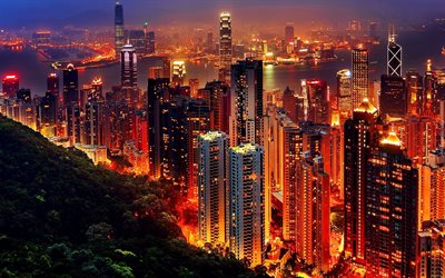 Hong Kong, y&#246;, pilvenpiirt&#228;ji&#228;, metropoli, kaupungin valot, Kiina