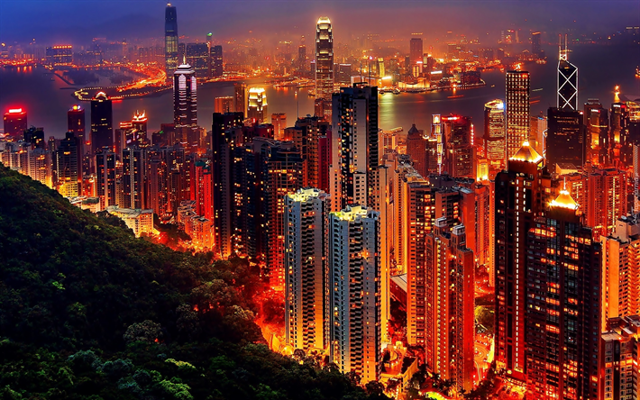 Hong Kong, natt, skyskrapor, metropol, stadens ljus, Kina