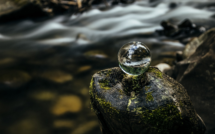 glass sphere, nature, ecological concepts, river, take care of nature, environment, ecology
