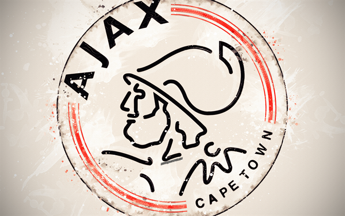 AjaxでのケープタウンFC, 4k, 塗装の美術, ロゴ, 創造, 南アフリカのサッカーチーム, 南アフリカのプレミア事業部, エンブレム, 白背景, グランジスタイル, ケープタウン, 南アフリカ, サッカー