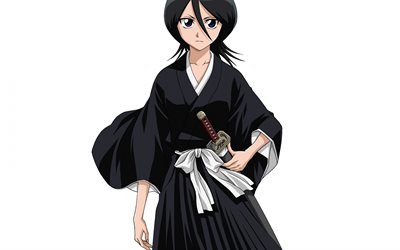 Bleach, Rukia Kuchiki, Japanese manga, art, black kimono, Japanese sword, katana