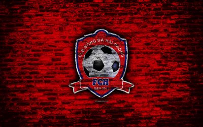 FC Hai Phong, 4k, logo, V League 1, Vietnam, soccer, Vietnamese football club, soccer Asia, Hai Phong, football, brick texture, Hai Phong FC