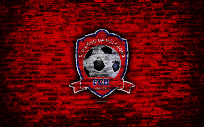FC Hai Phong, 4k, logo, V League 1, Vietname, futebol, Vietnamita futebol clube, de futebol da &#193;sia, Hai Phong, textura de tijolos, Hai Phong FC